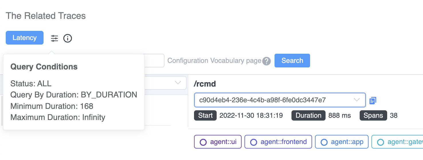 Figure 4: SkyWalking&rsquo;s query UI for searching for related traces showing traces for requests that exceed a particular duration threshold.